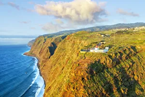 Madeira Lighthouse Drucke: Sunset over Ponta do Pargo lighthouse on top of cliffs, aerial view, Calheta, Madeira