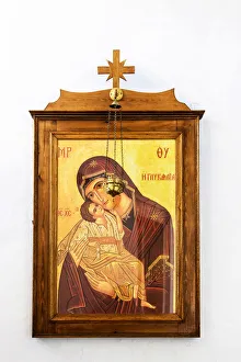 Ikon der Jungfrau Maria in Pyrgos auf der Insel Santorin im Südlichen Ägäischen vor Griechenland