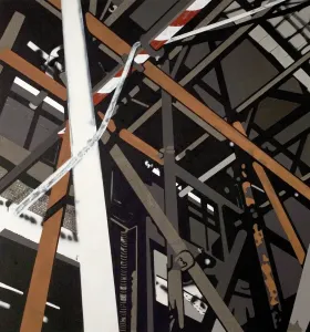 Drucke von Ein großes dynamisches Gemälde, inspiriert von der Renovierungsarbeit im Prospect-Raum des Wollaton-Halls Februar 2006, erschien zunächst als eine abstrakte Anordnung linearer Linien in Schwarz Zeitgenössische Kunst Drucke: Die Einreichung (Sichtungsraum im Prospect-Room)