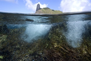 Fernando De Noronha Island Drucke: Morro do pico and wave breaking over reef