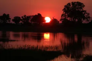 Drucke von Der Sonnenuntergang über die Okavangodelta in Botsuana am 25. April 2018. Die Fotos wurden am gleichen Tag gemacht und von Reuters genommen durch Mike Hutchings Großbritannien Drucke: Die Sonne geht unter über die Okovango-Delta