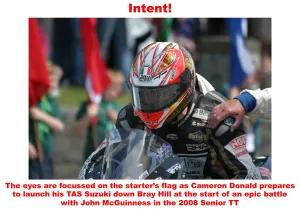 Drucke von Die Augen sind auf die Startflagge gerichtet, während Cameron Donald sich vorbereitet, seinen Tas Suzuki von Bray Hill loszulassen John McGuinness Drucke: Intent