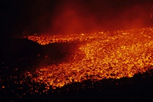 Active lava flow, Eldfell Volcano, Heimaey, Westmann Isles, Iceland, 1973