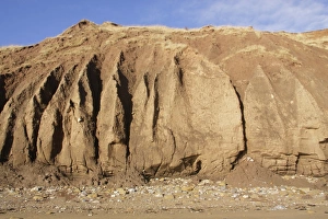 England Coastal Scenery Drucke: Eroded sea cliffs and pebbles on beach, Filey Bay, Filey, East Yorkshire, England, January