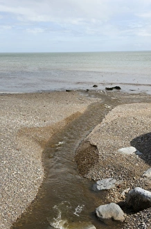 Seaside Town In Devon Drucke: Outlet of the River Sid onto the shingle beach of Sidmouth in Devon
