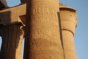 African Historical Landmarks Drucke: Reliefs on column, Outer Hypostyle Hall, Temple of Kom Ombo, Kom Ombo, Egypt, january
