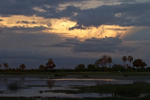 African Evening Sky Drucke: Setting, sun, water, Lebala, Okavango, Delta, Botswana; africa; african; sunset