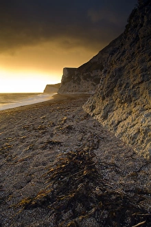Durdle Door Beach Drucke: View of beach and limestone sea cliffs at sunset