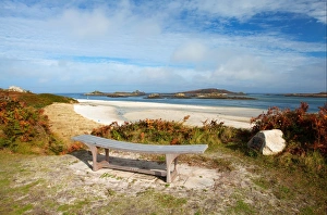 European Seaside Views Drucke: View of bench, sandy beach and coastline