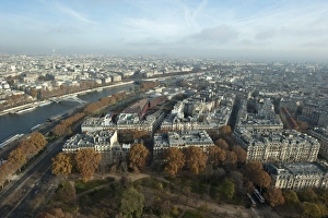 City Of Light Views Drucke: View over city and river, viewed from Eiffel Tower, River Seine, Paris, France, November