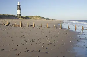 Blick auf abgetragene Groynen am Strand und Leuchtturm bei Abendlichte, Spitze des Lichtsleuchs an der Spitte von Spurn im Osten from Yorkshires