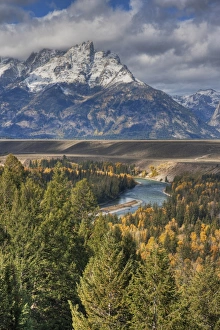 Snake River Wyoming Drucke: View of mountain range and forested river valley