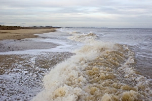 England Beach Scenes Drucke: Waves breaking on beach, Minsmere RSPB Reserve, Suffolk, England, november