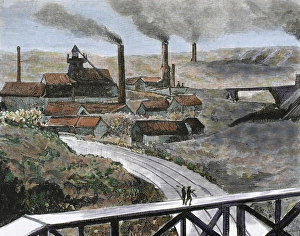 Drucke von Kohlebergbau, Hercheise Bergwerke, Grafschaft Quaregnon, Belgien; farbige Lithographie aus dem Jahr 1884 Bilder Datiert 2011 Juni: Kohlebergbau, Her scheise Bergwerk