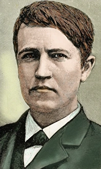 Colored Engraving History Drucke: Edison, Thomas Alva (1847-1931). American Inventor. Nineteenth-century colored engraving