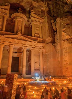 Ancient Civilization Landmark Drucke: Illuminated night presentation, Petra, Jordan. Built by Nabataeans in 100 BC