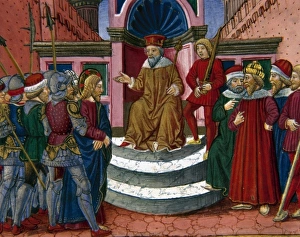 Turin Royal Library Collection Drucke: Jesus is brought before Herod. Codex of Predis (1476). Royal Library. Turin. Italy