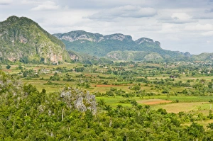 High Angle View Of Valley Drucke: The limestone cliffs of the Vinales Valley, Valle de Vinales in Pinar del Rio, Cuba