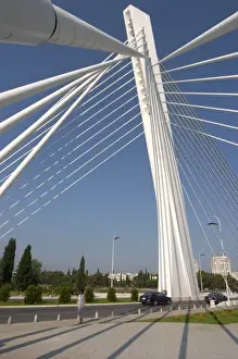 European Architecture Design Drucke: The Millennium Bridge spans Moraca River with cables that form a graphic pattern