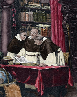Colored Engraving History Drucke: Monks reading a copy of the Gutenberg Bible. Engraving by O. Roth in The Spanish