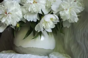 Weißer Peonienblüten in cremefarbenem Krug