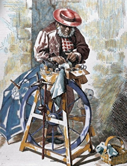 Colored Engraving History Drucke: Sharpener street. Colored engraving by E. Alba on a life drawing by D. F. Guisasola. 1879