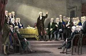 Drucke von Georg Washington präsidierte über die Verfassungskonvention von 1787. Handfarbenholz-illustration einer Illustration des 19. Jahrhunderts W Drucke: Diskutierend über die Verfassung der Vereinigten Staaten, 1787