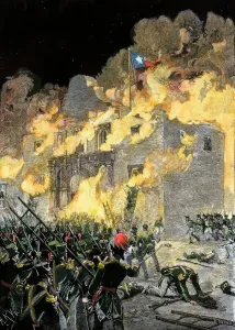 Drucke von Sturz des Alamos an die mexikanischen Kräfte von Santiagos Truppen im texanischen Mexiko, 1836.Handschuhfarbenholzschnitt eines historischen Zeichnens aus dem 19. Jahrhundert Verwandte Bilder Drucke: Eroberung der Alamo, 1836