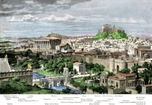 Drucke von Athens vom Osten im Zeitpunkt von Hadrian.Handfarbenstechung einer Illustration des 19. Jahrhunderts Stil Drucke: Alter Athen