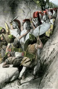 Drucke von Griechen unter Leonidas halten den persischen Angriff in Thermopylen ab, 480 v. Chr.Halbtonreduktion einer Illustration aus dem 19. Jahrhundert Griechenland Drucke: Alter Griechen an der Schlucht von Thermopylen im Jahr 480 v. Chr