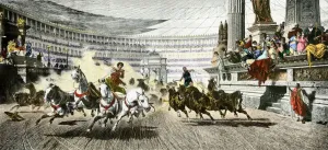 Drucke von Reitwagenrennen im antiken Circk Maximus von Rom.Händeschwarz gezeichnete Holzradierung einer 19. Jahrhundert-Illustration Muridae Drucke: Wettrennen mit Karos in der alten Römischen Republik