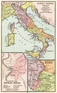 Drucke von Karte der frühen Stämme Italiens (Ober), über den römischen Hügeln (links unten), und dem Umfeld von Rom (rechts). Farblich gezeichneter Druck einer Illustration des 19. Jahrhunderts Italien Drucke: Karten Italiens aus der Antike