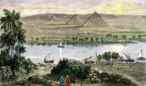 Drucke von Sandschläge bei Gizeh mit Dhow am Nil im Ägypten. Handfarbenholz von einer Illustration des 19. Jahrhunderts Landschaftliche Gemälde Drucke: Pyramiden entlang des Nil
