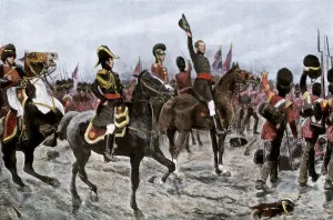 Britische Armee voranschreitet bei der Schlacht von Waterloo im Jahr 1815