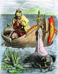 König Artus Drucke: König Artus erhält seinen Zauberkeil von der Dame des Vorderschiffs