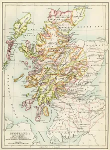 Drucke von Karte Schottlands im Jahrzehnt um 1520 mit Territorien der Highlands-Clans. Farbholzschnitt einer Illustration aus dem 19. Jahrhundert Vereinigtes Königreich Drucke: Karte Schottlands im Jahrzehnt um 1520