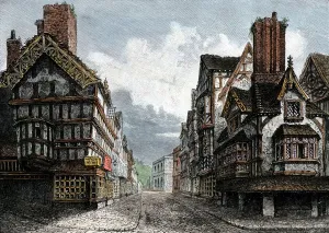 Drucke von Hauptstraße, Schrewsbury im Tudor-England.Handfarbener Holzstich einer 19. Jahrhundert Illustration Stil Drucke: Schrebsbury, England im 16. Jahrhundert