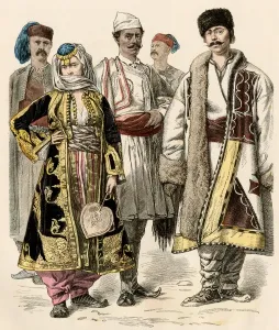 Drucke von Bürger aus den balkanischen Staaten, ein bulgarischer Mann rechts. Antikes Handfarbenprint Bulgarien Drucke: Balkankinder, 1800er Jahre