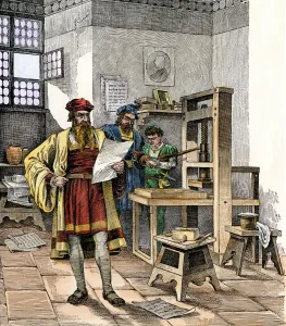 Drucke von Johannes Gutenberg und Fust mit der ersten Druckpresse in Deutschland im Mittelalter. Handgefärbter Holzschnitt einer Illustration aus dem 19. Jahrhundert Deutschland Drucke: Gunther's Printing Press (ca.) 1450er Jahre