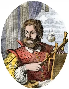 Drucke von Porträt von Christopher Kolumbus.Händig farbige Holzstichreproduction eines 16. Jahrhunderts Stiche aus dem Montanus vom Ende des 19. Jahrhundert Montanus Drucke: Porträt von Christopher Kolumbus