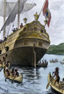 Das Schiff von Henry Hudson, die Half Moon, ankert bei Manhattan Island.