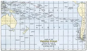 Hand Colored Woodcut Prints Drucke: Magellans route across the Pacific