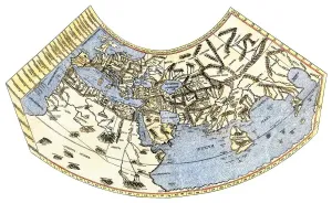 Drucke von Ptolomeus Karte der Welt, die einen Konzept des flachen Erdes illustriert. Handfarbenholz-19.Jh.-Replikation Flache Erde Drucke: Ptolomei Weltbild