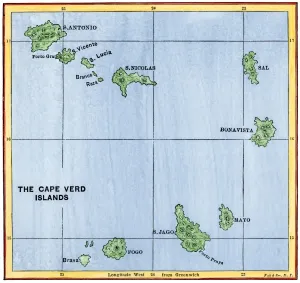 Drucke von Karte der Kapverde-Inseln im Atlantik.Handschmückte Holzschnitt von einem 19. Jahrhundert Illustration Kap Verde Drucke: Karten der Kapverde-Inseln