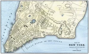 Drucke von Hills Karte von New York Stadt wurde im Jahr 1782 umgesetzt und erstellt. Handfarbenholzabdruck einer Illustration des 18. Jahrhunderts John Hills Drucke: New Yorker Karte aus den 1780er Jahren