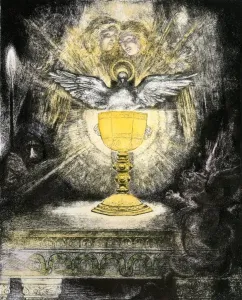 Das Heilige Gral. Handkolorierter Kupferstich aus einer Serie von Illustrationen für Wagners Oper Parsifal.