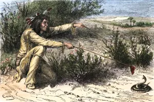 Drucke von Der Apachejäger beschafft Gift für seine Pfeilspitzen, indem er einen Rattlesnaken in ein Hirschleber treibt. Handgezeichnetes Holzbild aus einem 19.Jahrhundert Illustration Klapperschlange Drucke: Der Apachejäger beschafft Gift für seine Pfeile