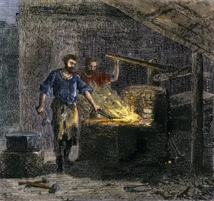 Hand Colored Woodcut Art Drucke: Blacksmith and his assistant at a forge