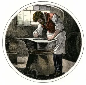 Blacksmith Occupation Drucke: Blacksmith working at an anvil