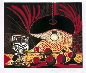 Drucke von Ein Meisterwerk des Kubismus - Pablo Picassos 'Still Life Under a Lamp' von 1962, ein prächtiges Tapisserie-Gemälde aus Wolle, Seide und Mohair Pablo Picasso Drucke: Pablo Picasso - Still Life Under a Lamp, 1962